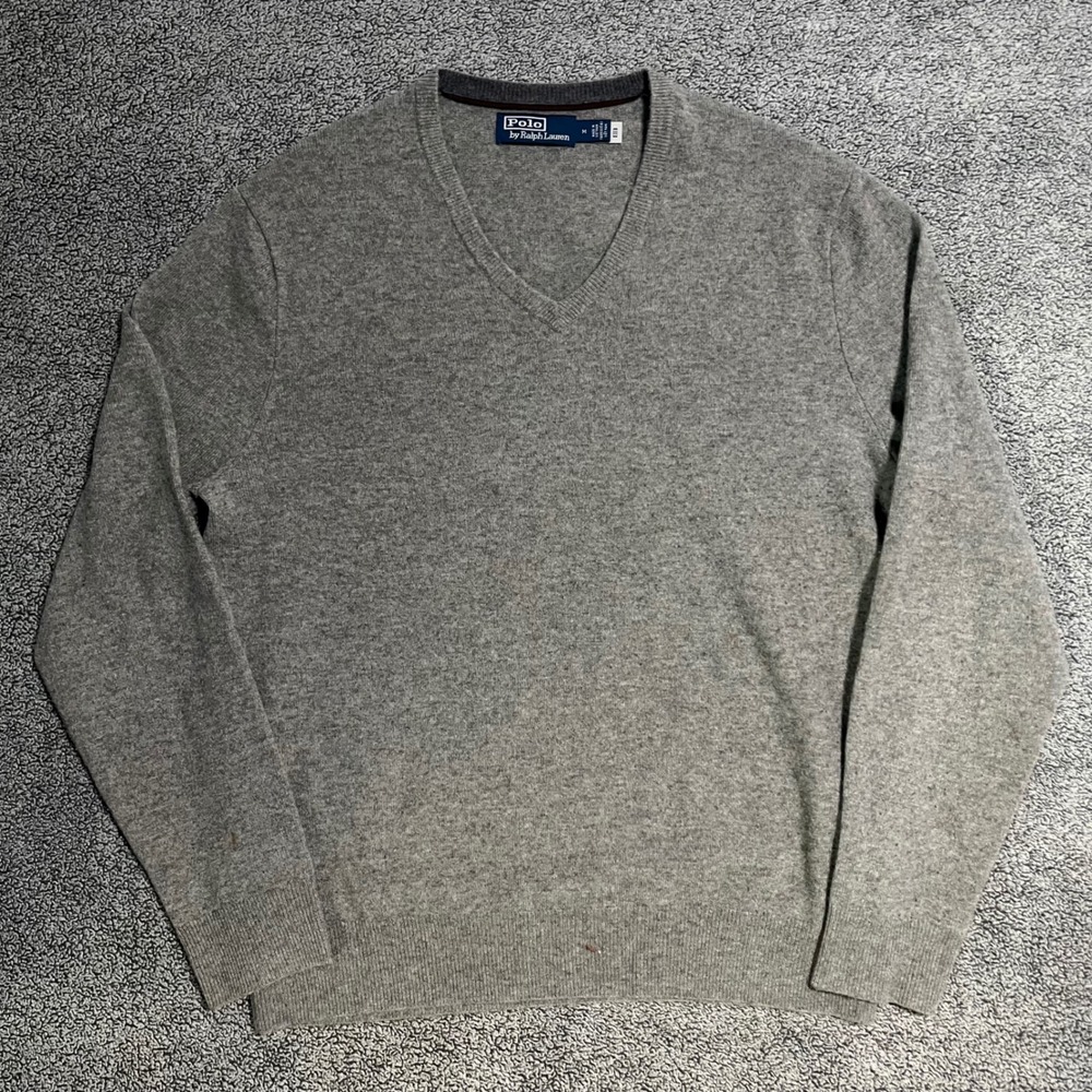 Polo Ralph Lauren Mens V-Neck Wool Sweater Heather Grey Size M Classic Knit